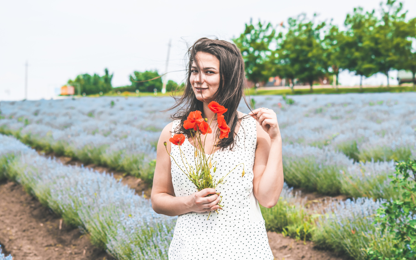 Красивая девушка в платье с букетом маков