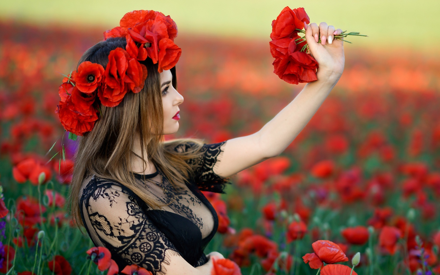 Красивая девушка с венком из красных маков на голове