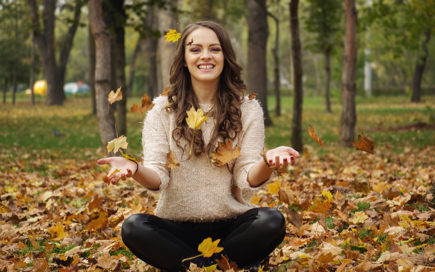 Красивая улыбающаяся девушка сидит на земле с желтыми листьями