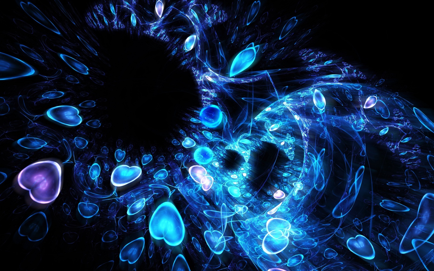 Узор из неоновых сердец на черном фоне, абстракция