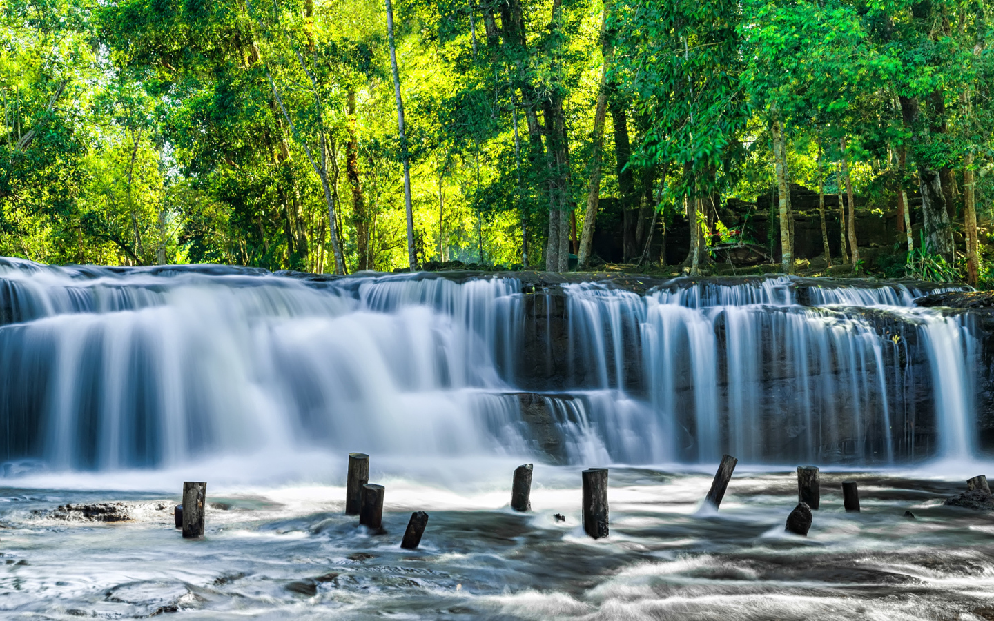 Водопад стекает с камней у зеленых деревьев