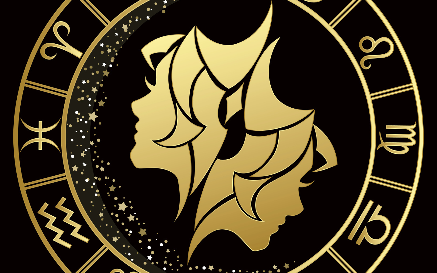 Золотой знак зодиака близнецы на черном фоне