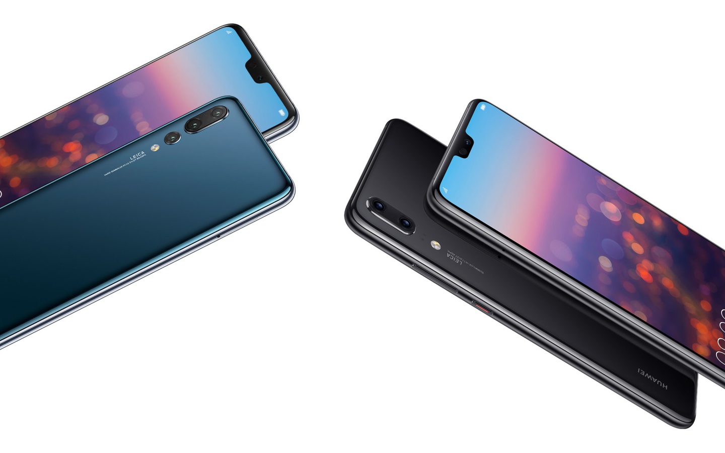 Красивые тонкие смартфоны Huawei P20 Pro на белом фоне
