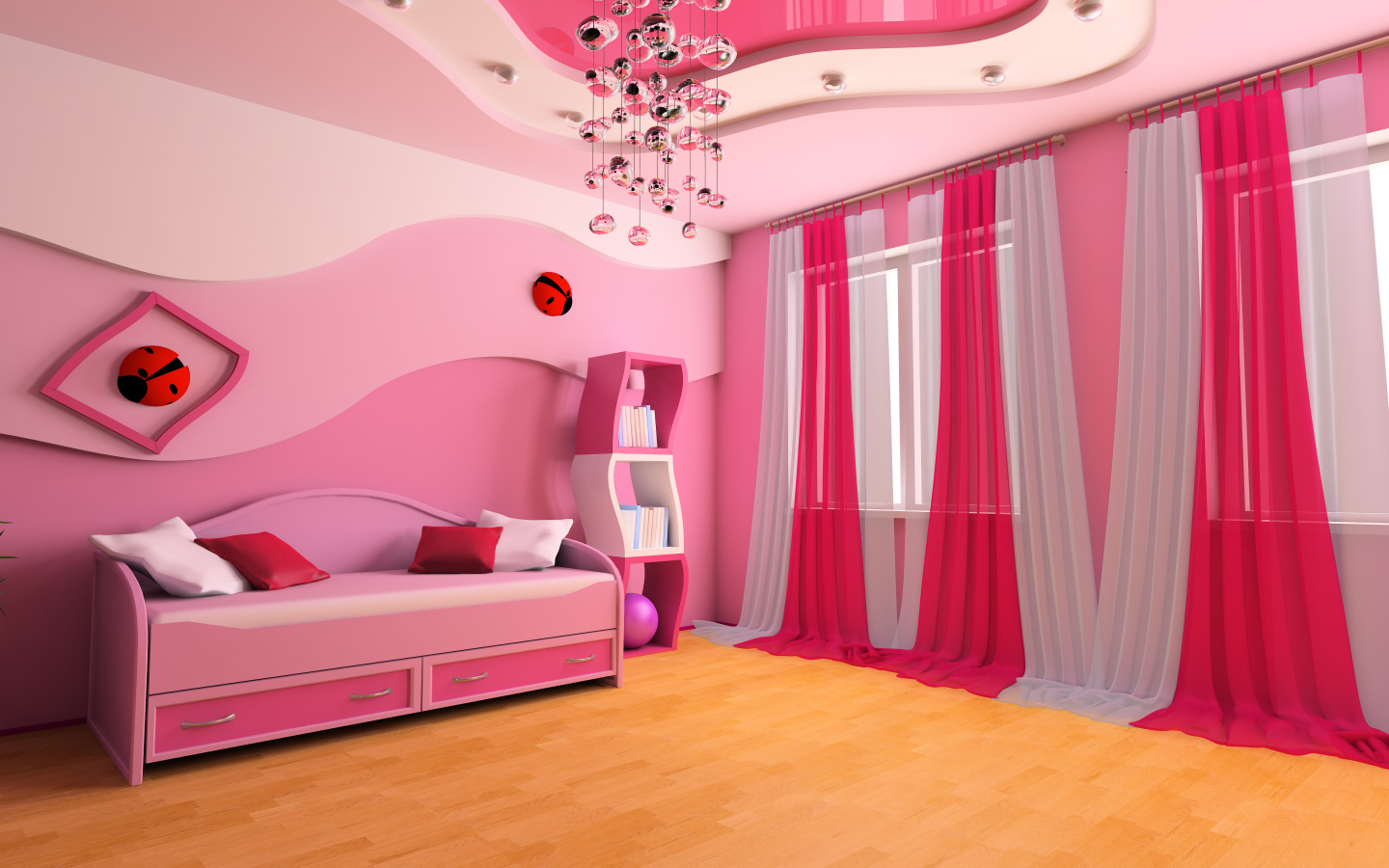 Детская комната в ярком розовом цвете с необычной люстрой 