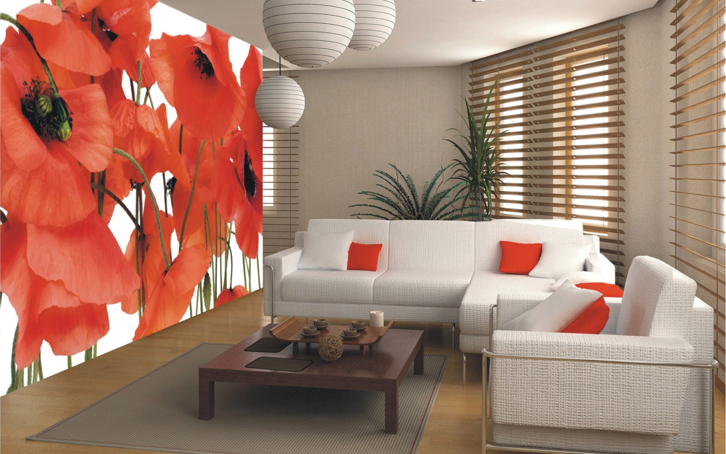 Гостиная комната с диваном и картиной с маками на стене 