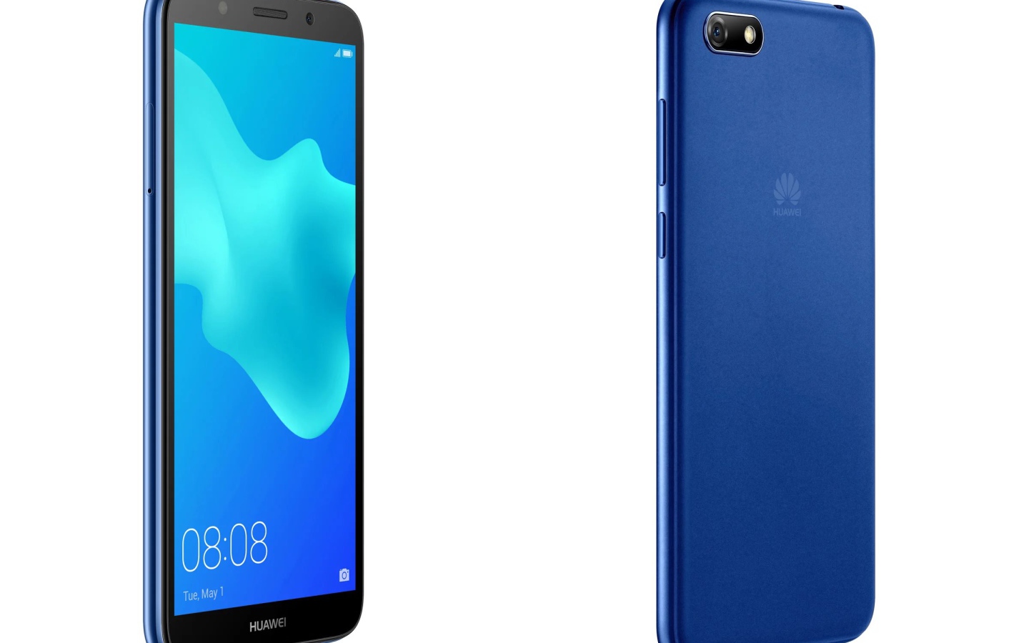 Смартфон Huawei Y5 Prime 2018 синего цвета на белом фоне