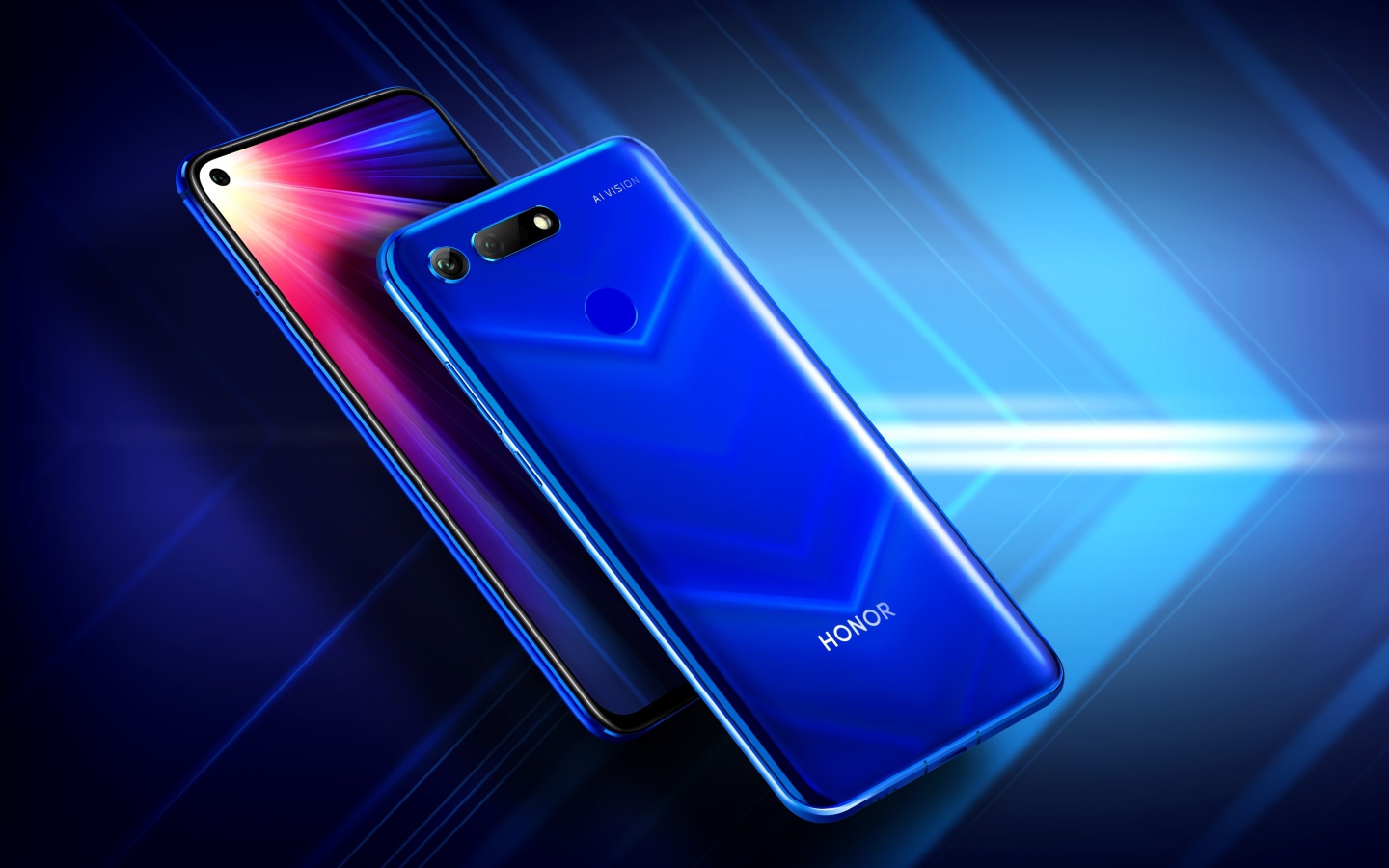Стильные смартфоны Honor View 20 на синем неоновом фоне