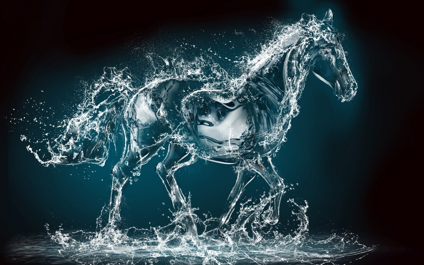 Конь из воды на черном фоне, 3д графика