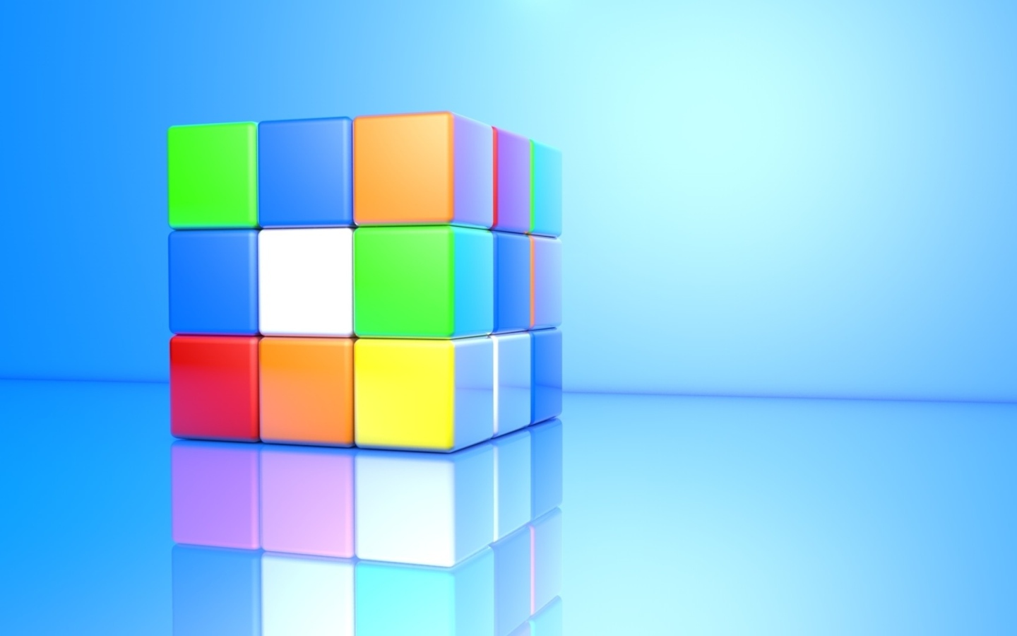 Разноцветный кубик Рубика на голубом фоне 3д графика