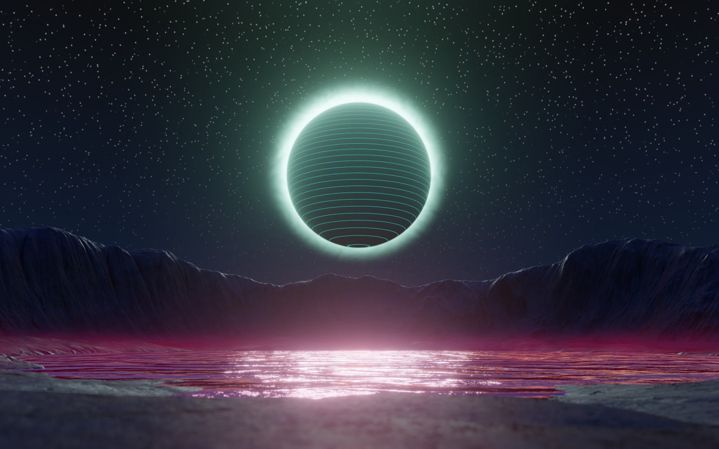 Сфера в ярком свечении в звездном небе над озером