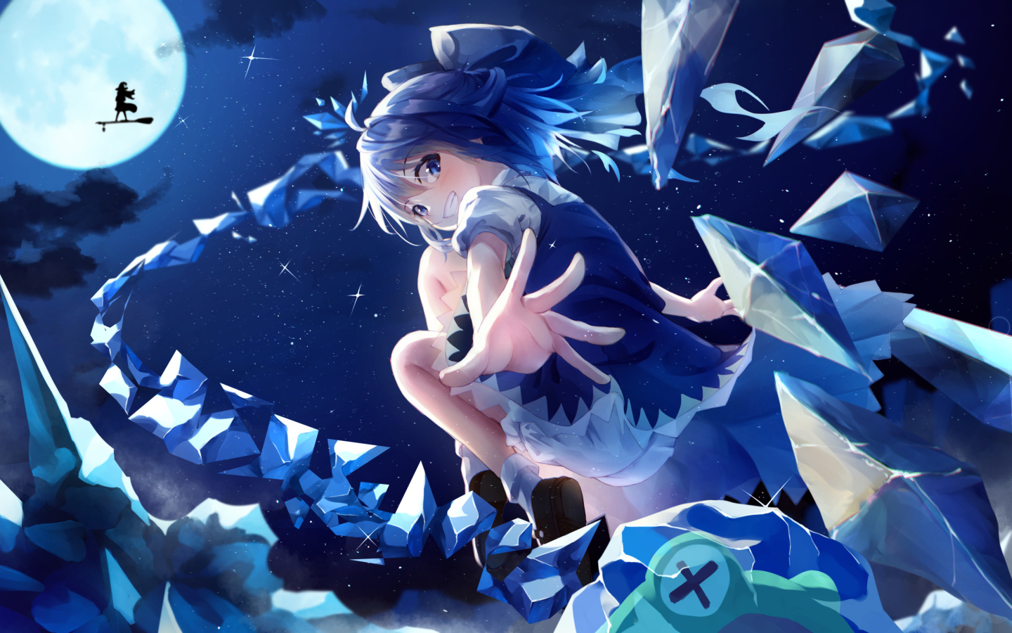 Anime girl with blue hair throws crystals