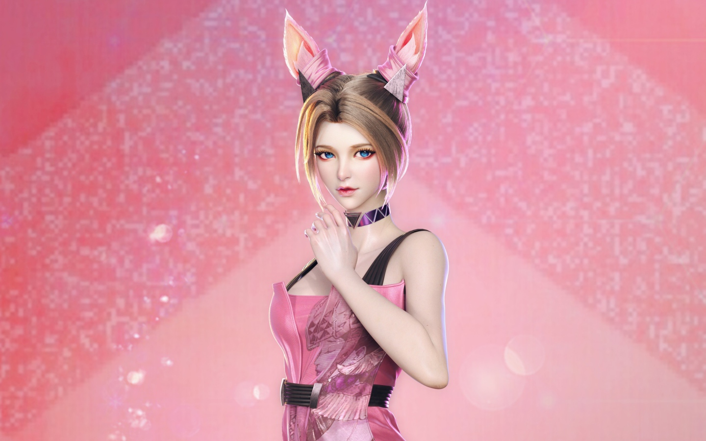 Девушка аниме с ушами белки на розовом фоне