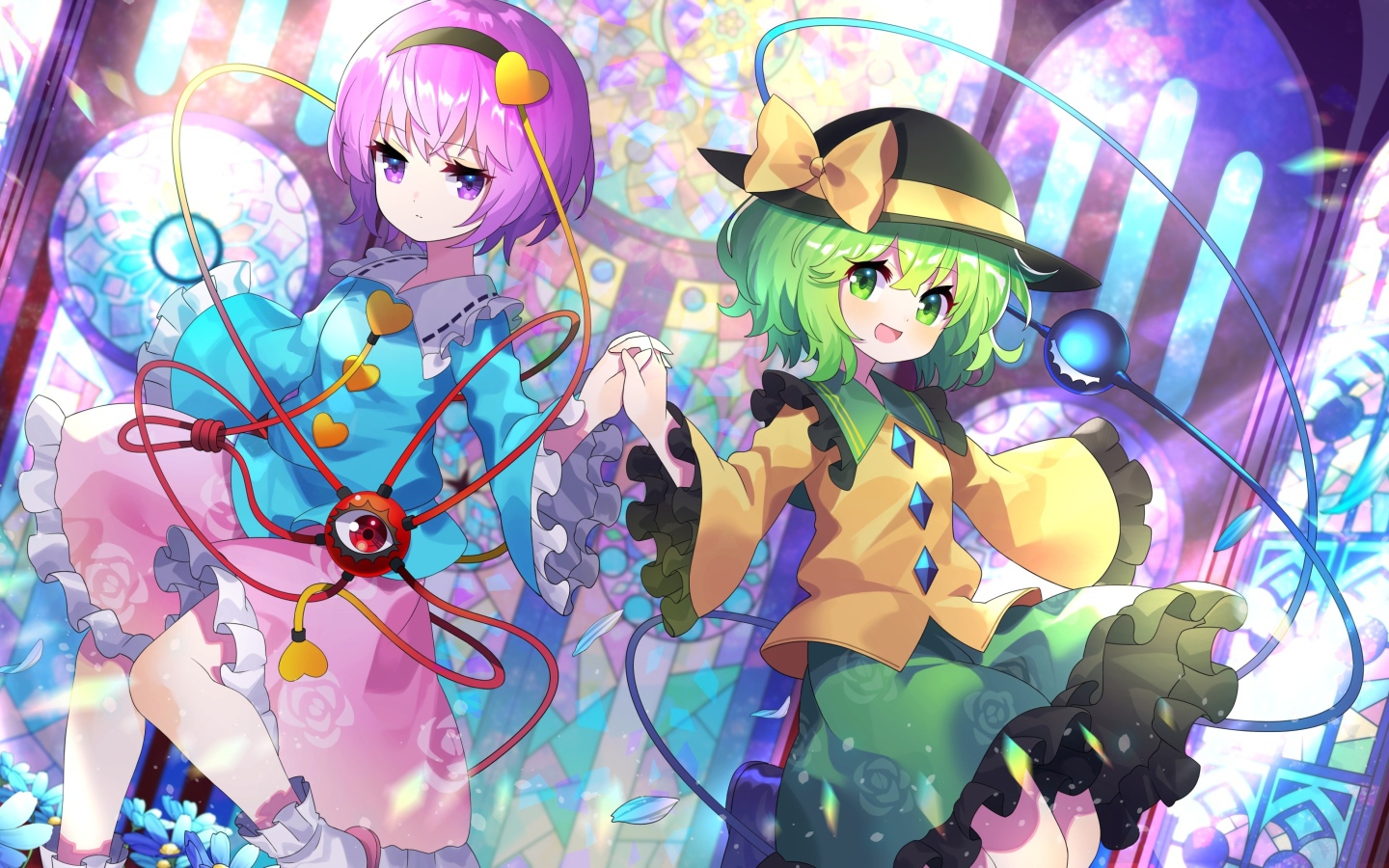 Anime girls Koishi Komeiji and Satori Komeiji in colorful outfits