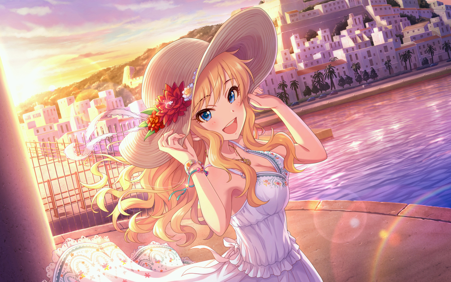 Beautiful anime girl in a hat by the river