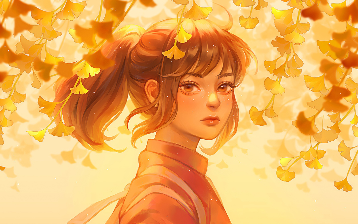 Красивое лицо девушки аниме на фоне листьев 