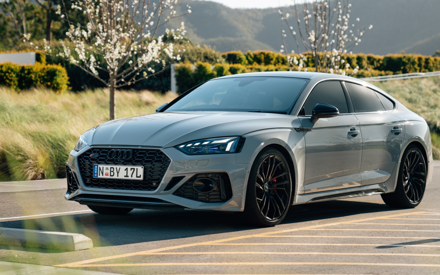Серебристый автомобиль Audi RS 5 Sportback 2020 года на дороге