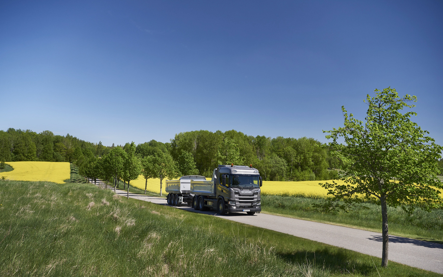 Грузовик Scania Trucks на трассе у поля