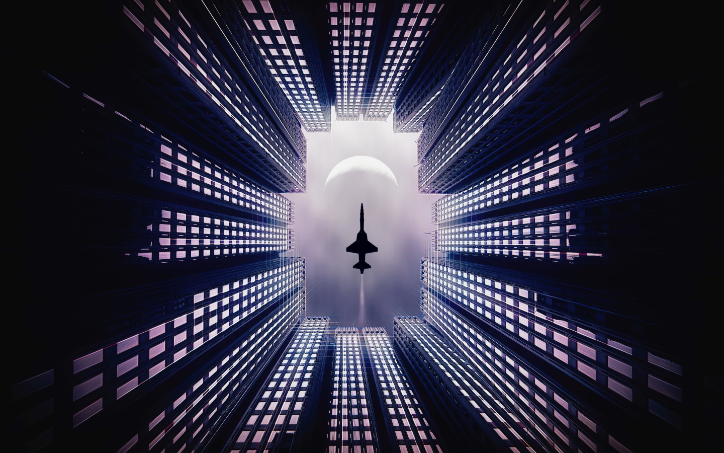 Самолет летит над небоскребами 