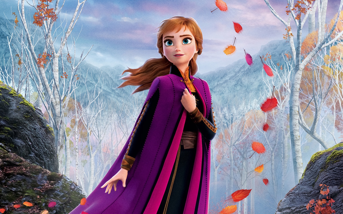 Anna in a Cape in a Cold Forest Cartoon Frozen 2