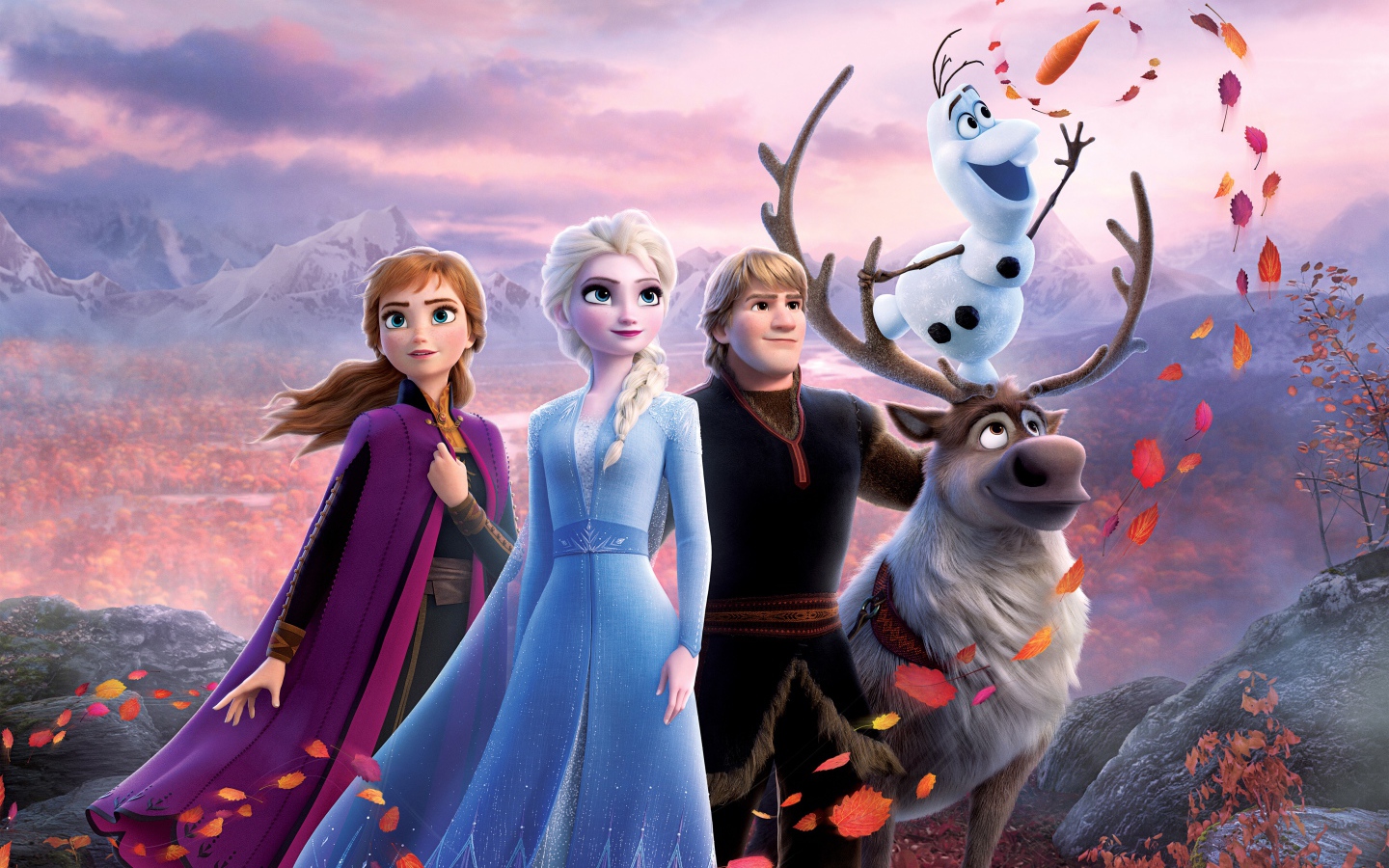 Персонажи мультфильма Холодное сердце 2 в лесу