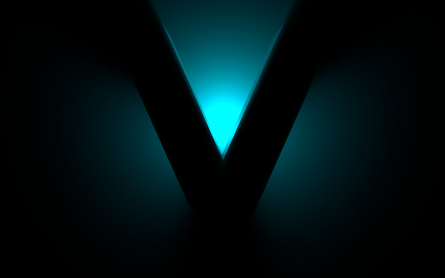 Big black V sign on a blue background