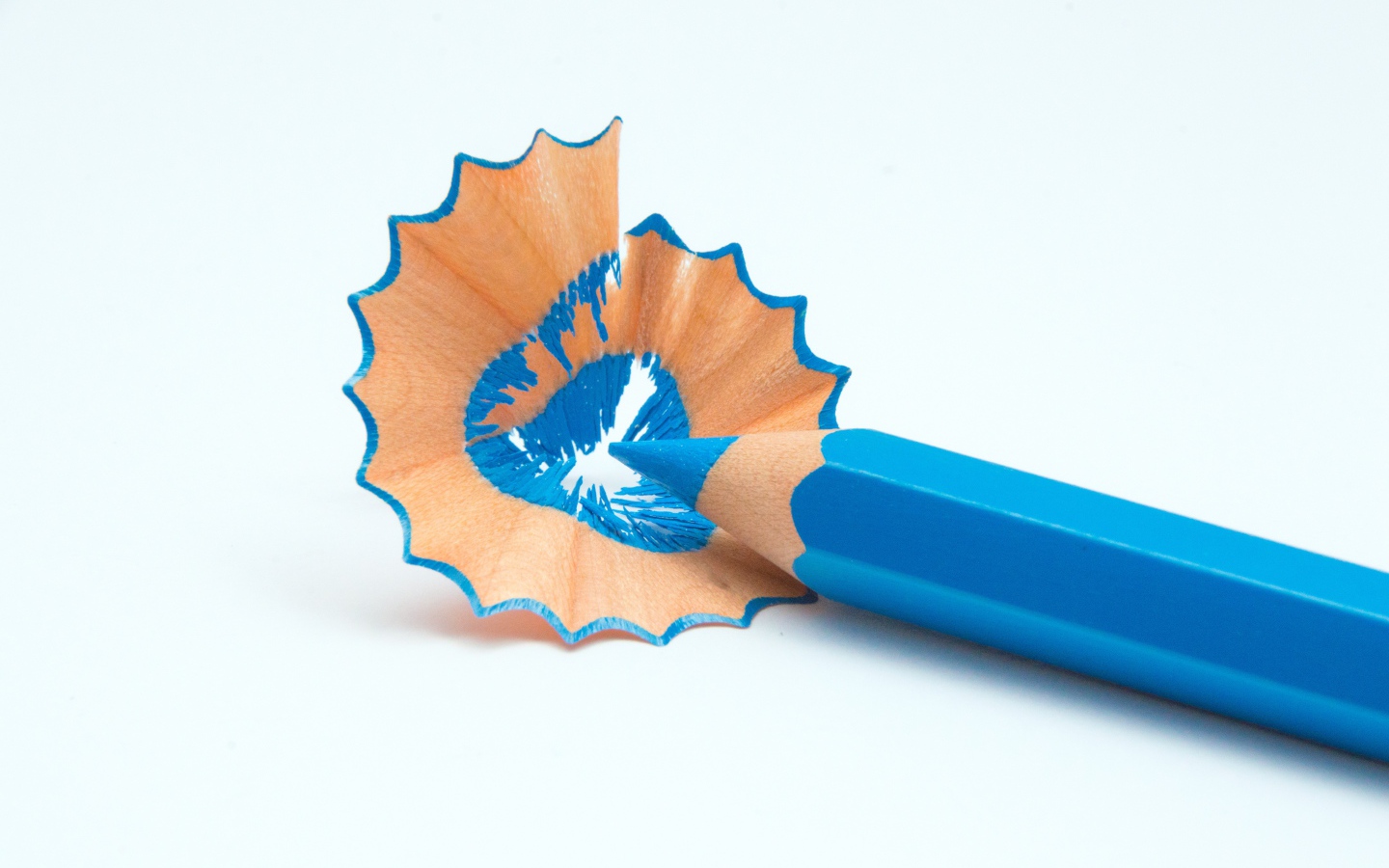 Голубой карандаш со стружкой на белом фоне