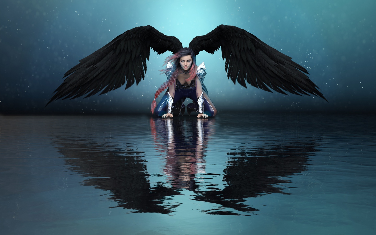 Фантастическая девушка ангел с черными крыльями отражается в воде 