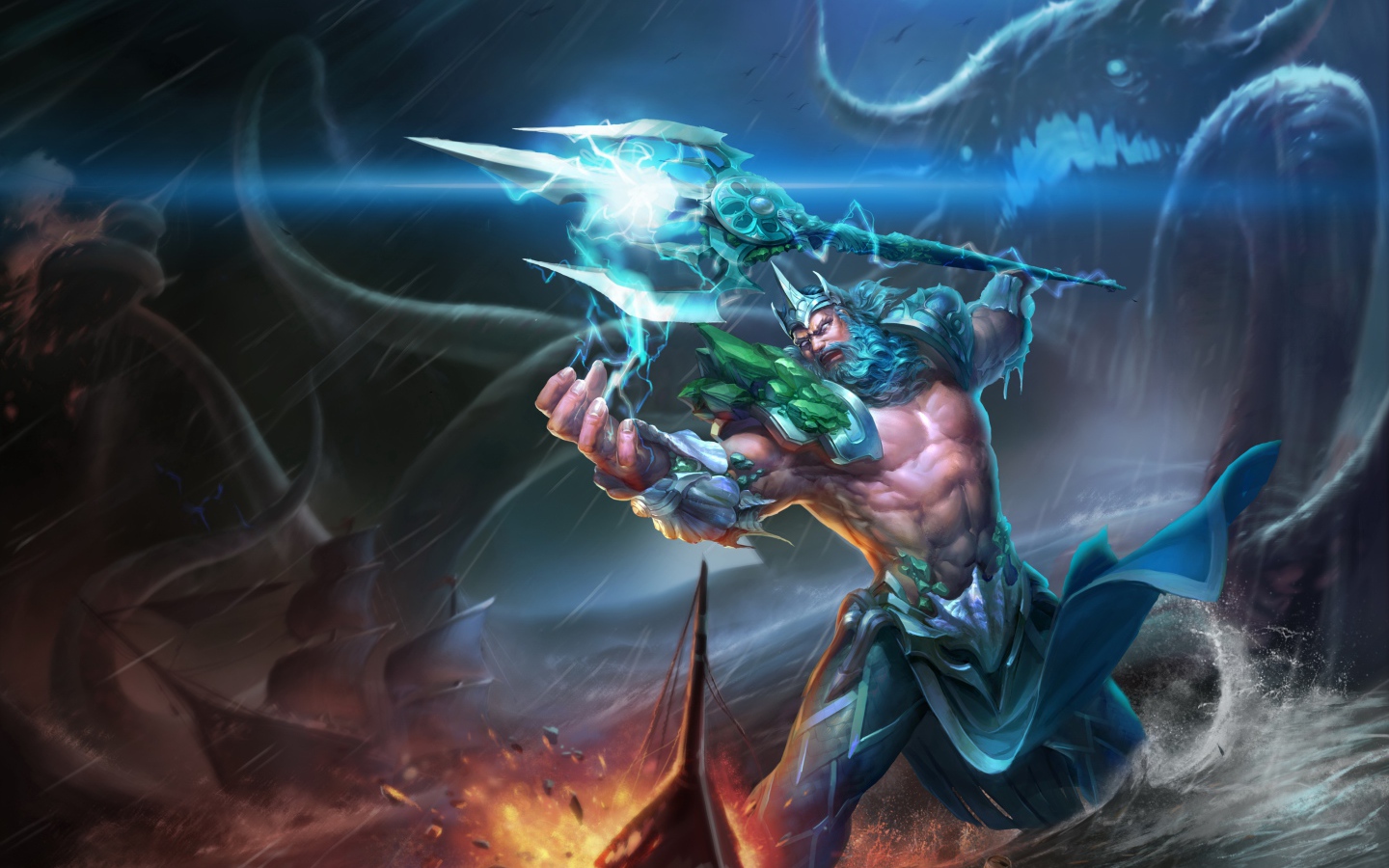 Грозный царь Посейдон в море с трезубцем