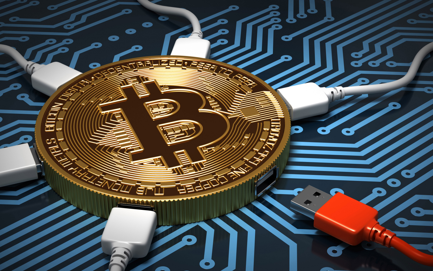 Кабель USB подключен к монете биткоин