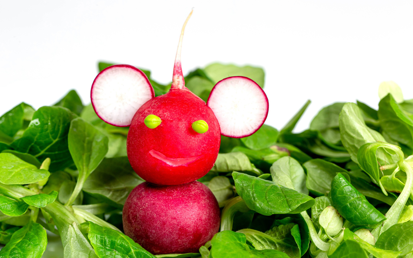 Зверь из красного редиса на листьях базилика 
