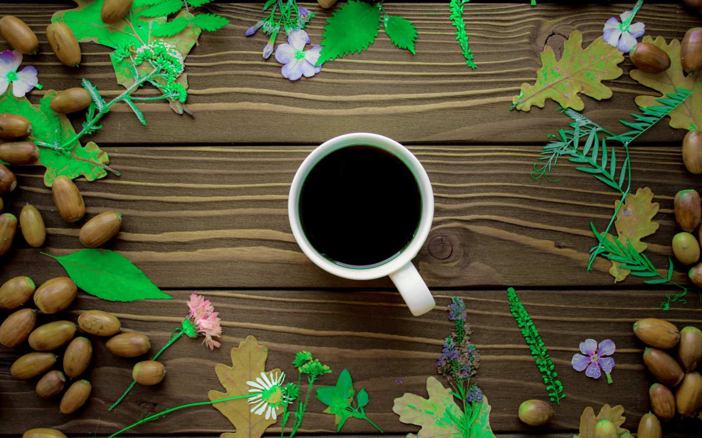 Чашка кофе на столе с желудями