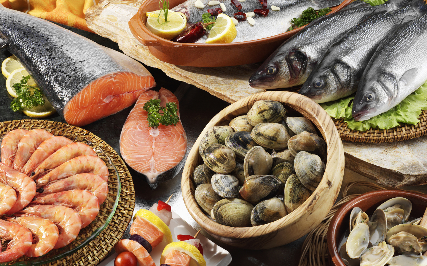 Mussels, prawns and fresh fish on the table