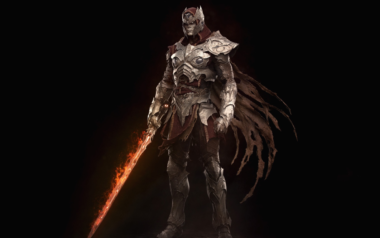 Warrior in iron armor with a fire sword in his hand