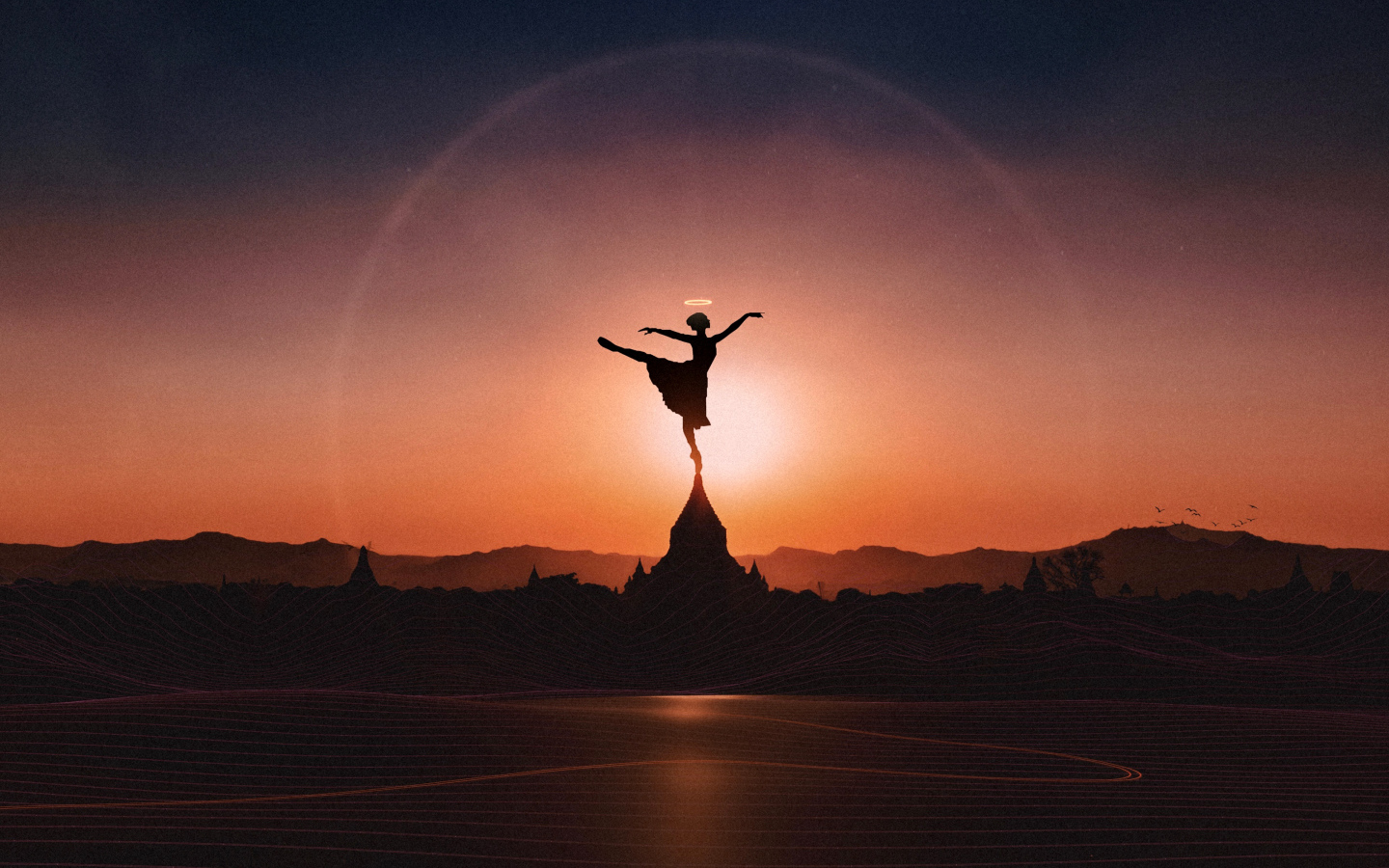 Девушка танцует балет на закате солнца