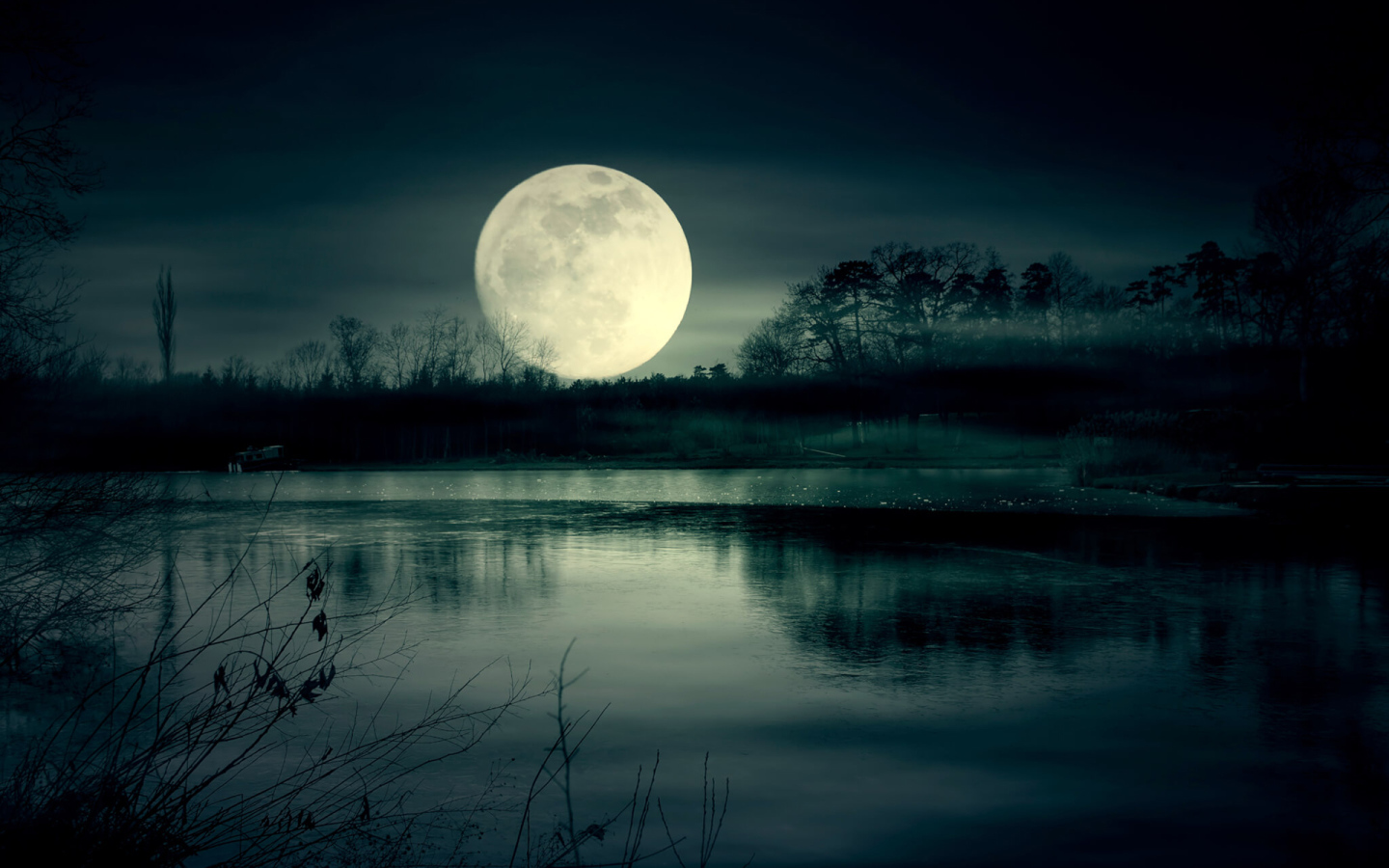 Огромная белая луна над озером ночью