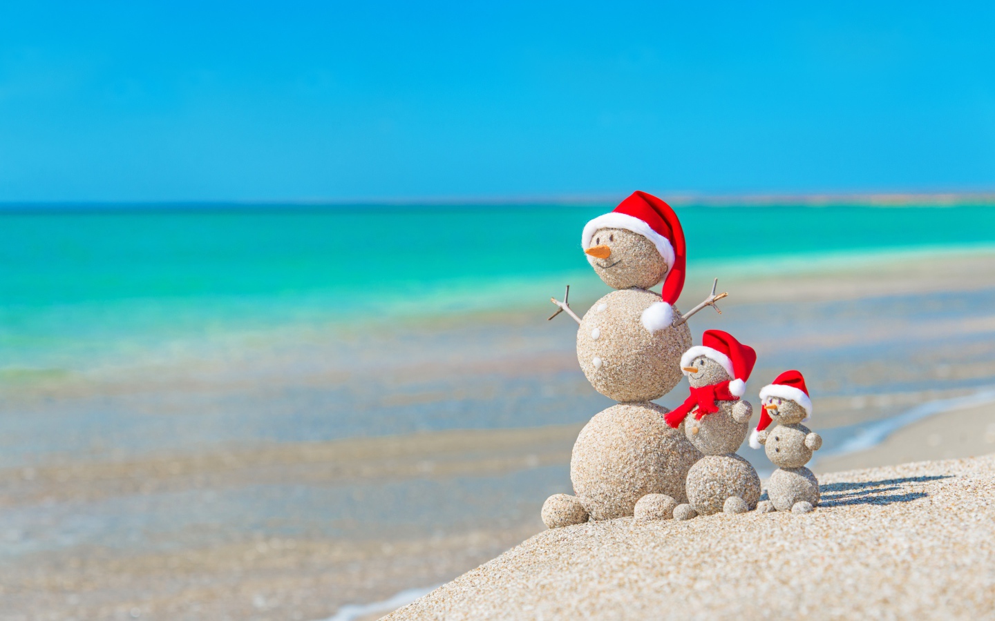 Снеговики из песка на берегу океана 