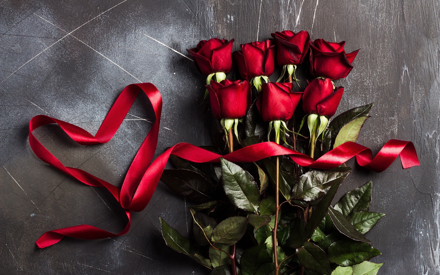 Букет красивых английских роз с красной лентой на сером фоне