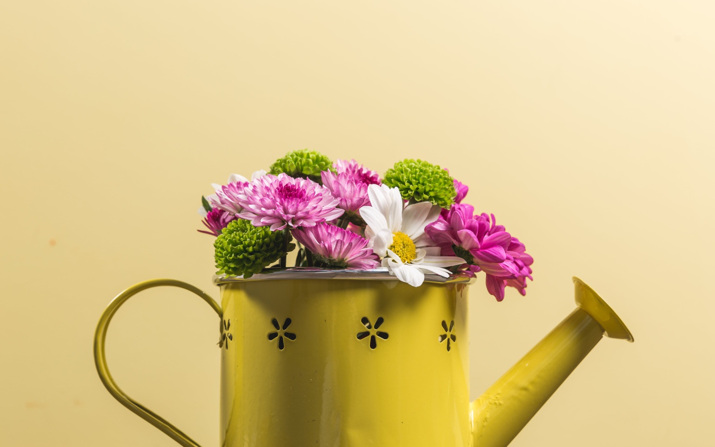 Букет хризантем в желтой лейке 