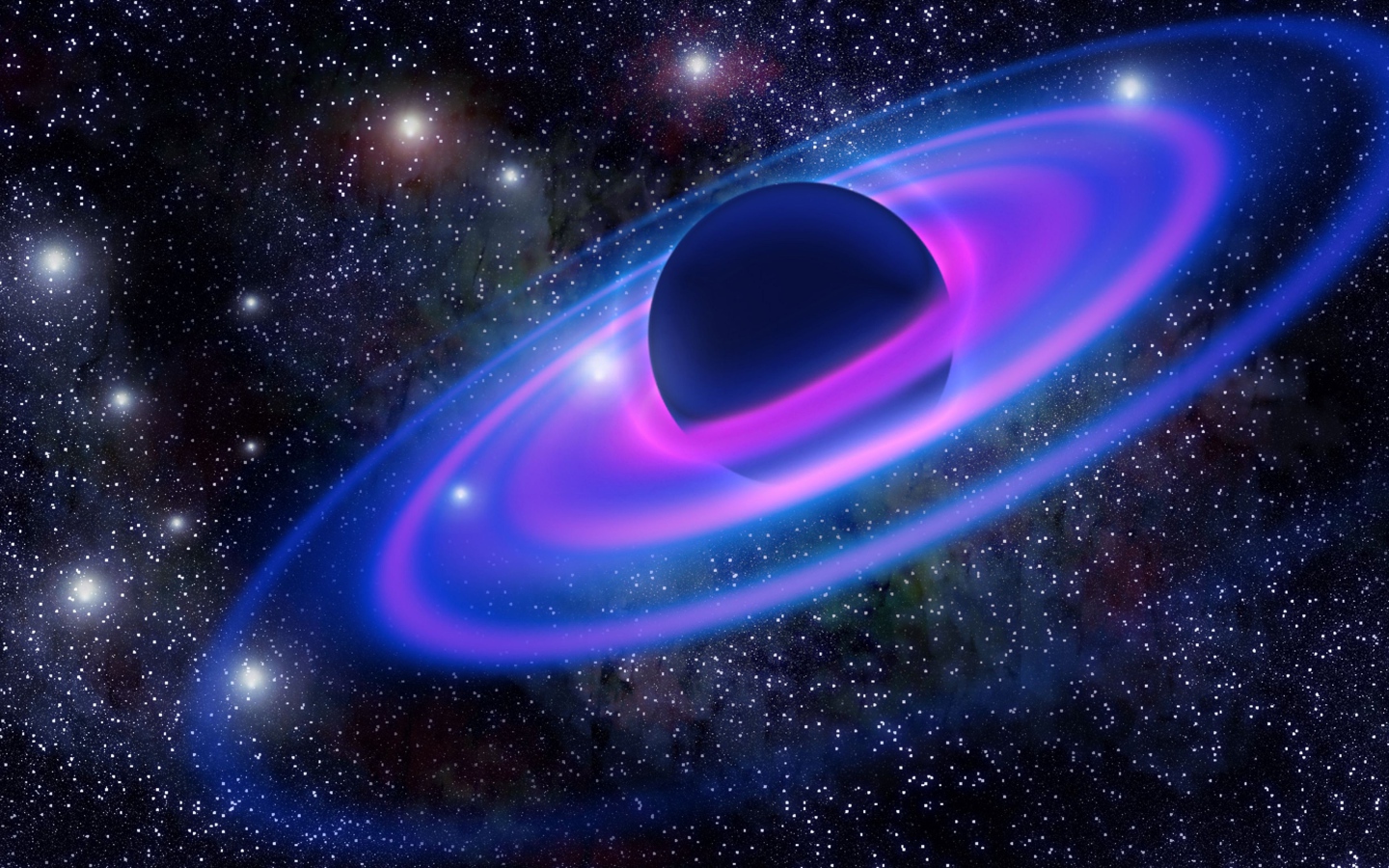 Большая планета с неоновыми кольцами в звездном небе 