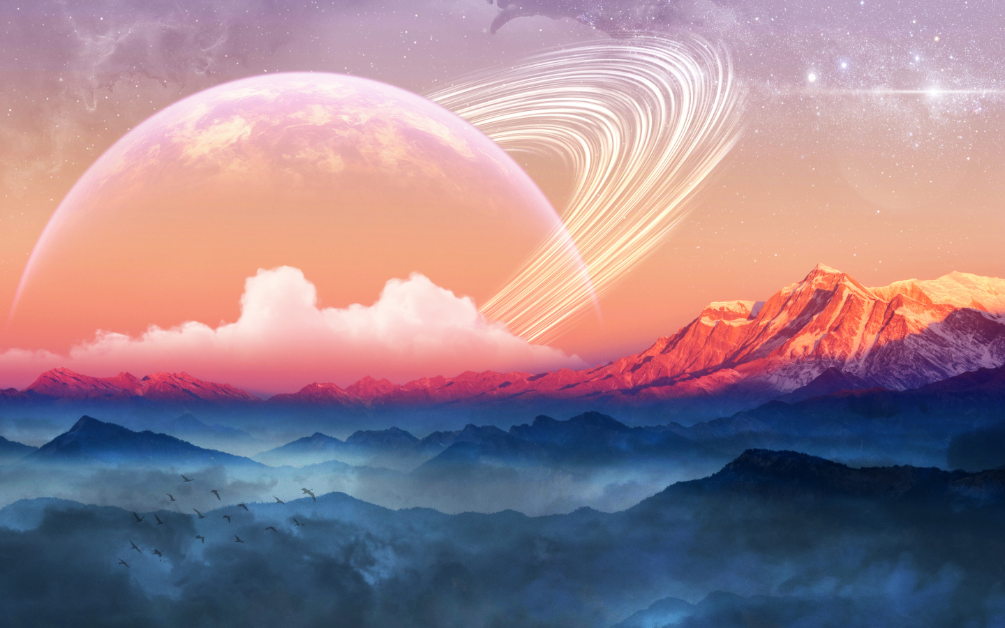 Fantastic sky with planets over snow-capped mountains.