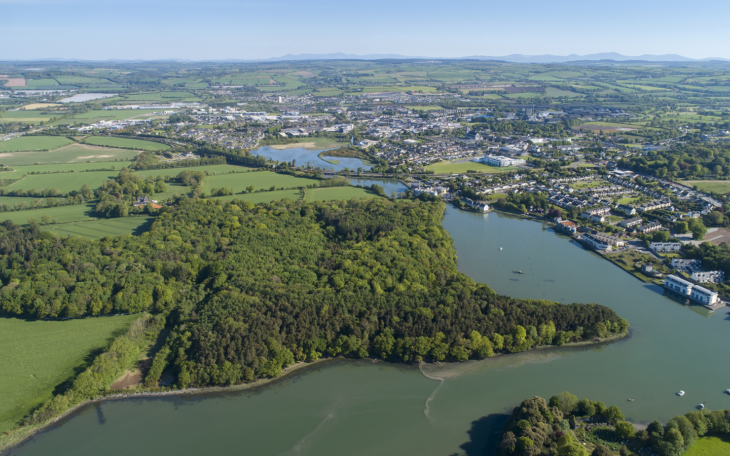 Вид на город и реку у леса с высоты, Исландия