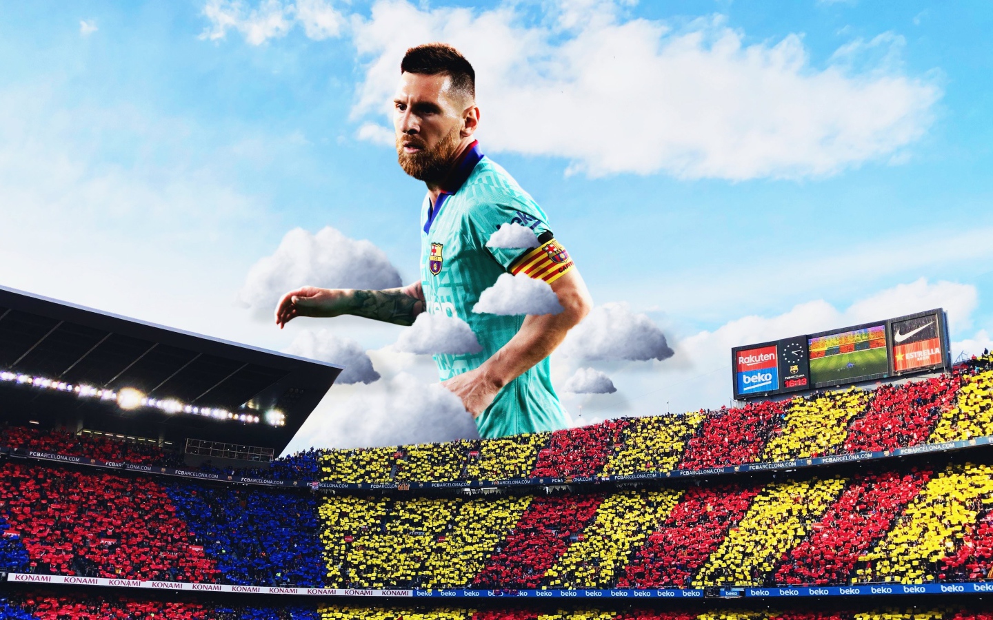 Футболист Лионель Месси в небе над футбольным полем