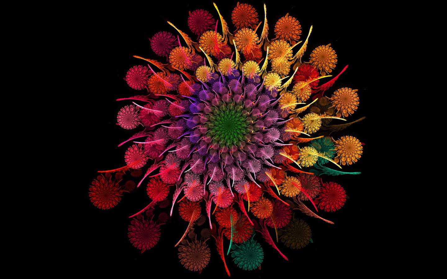 Красивые разноцветные абстрактные цветы в спирали на черном фоне