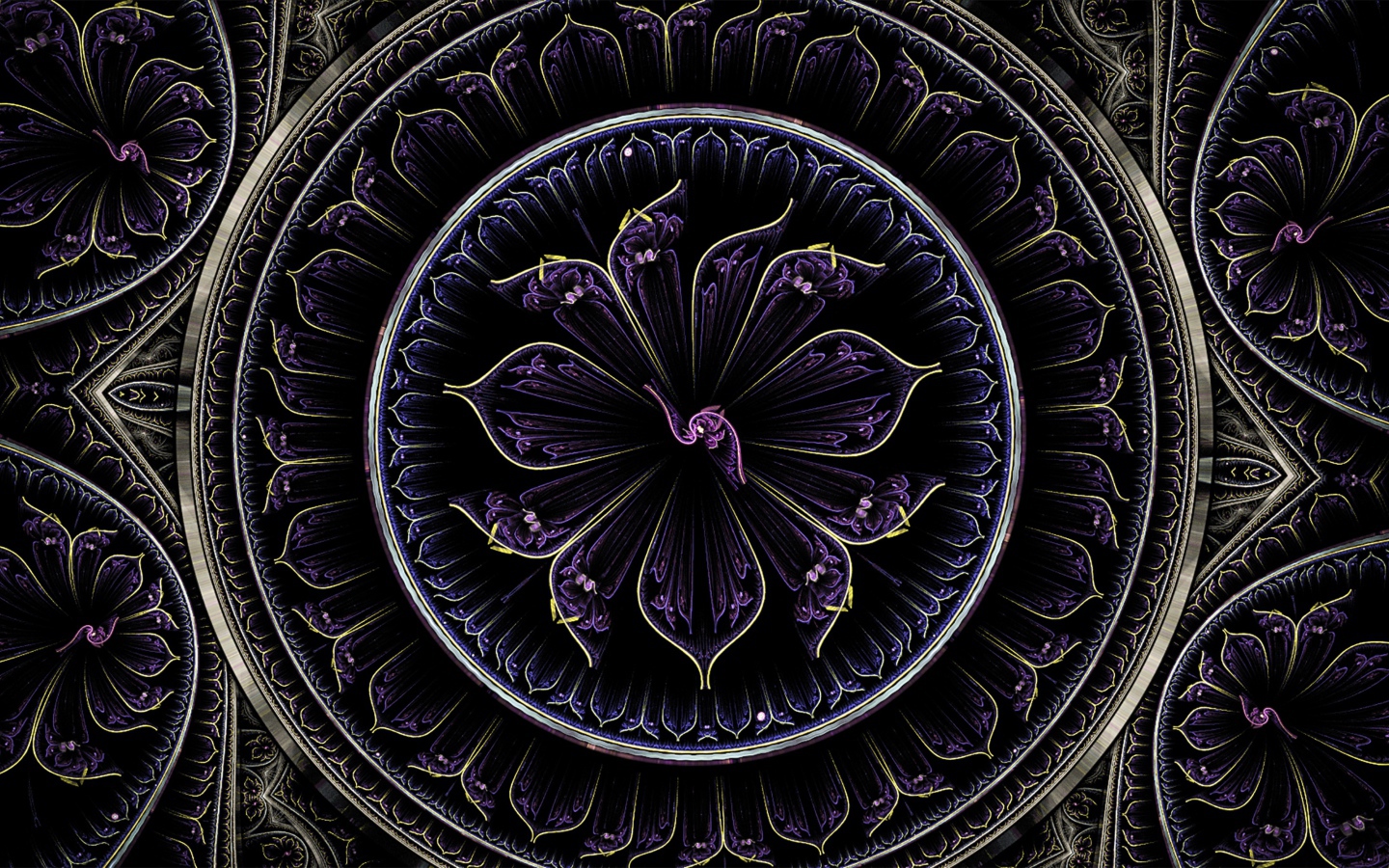 Красивый фиолетовый фрактальный рисунок с золотыми линиями
