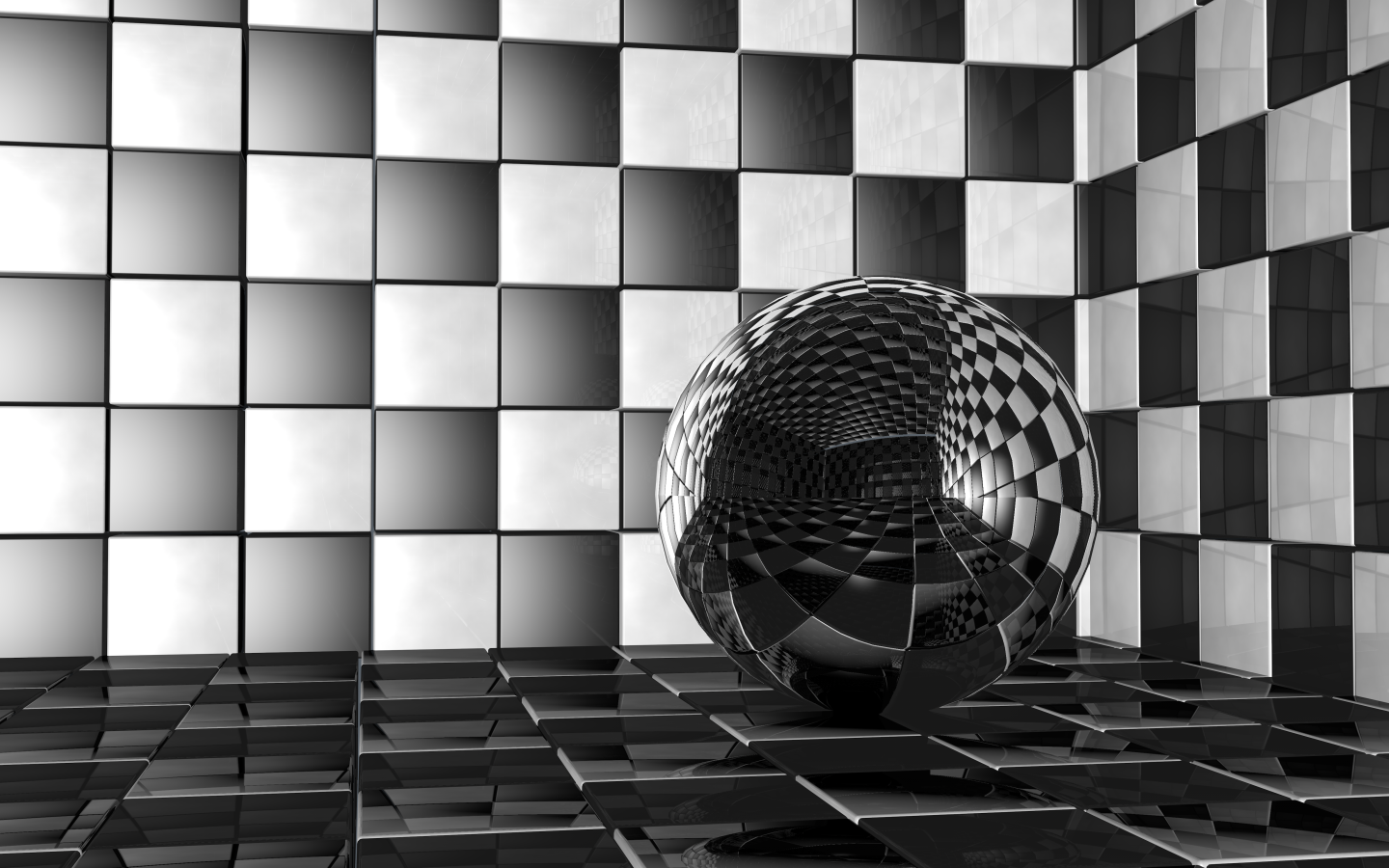 Стеклянный шар в комнате с черно-белыми стенами 3д графика