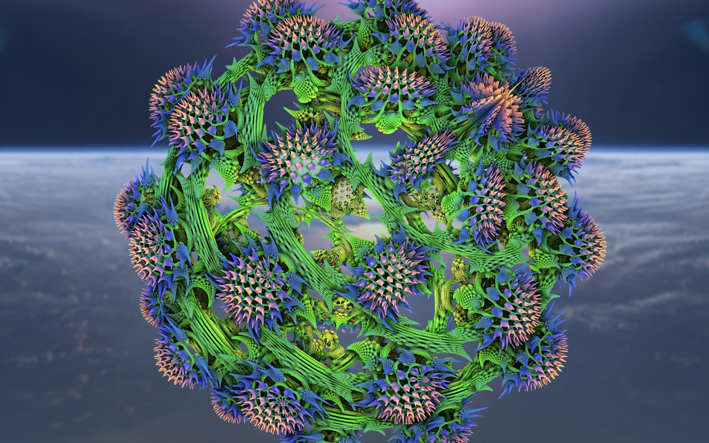 Большой колючий фрактальный цветок на сером фоне