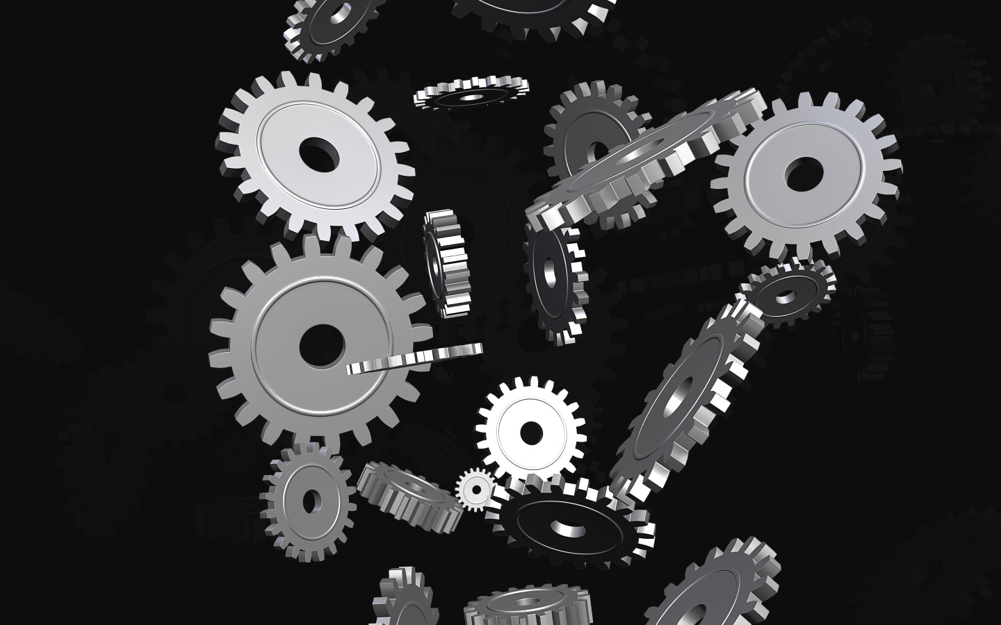 Металлические шестеренки в воздухе на черном фоне