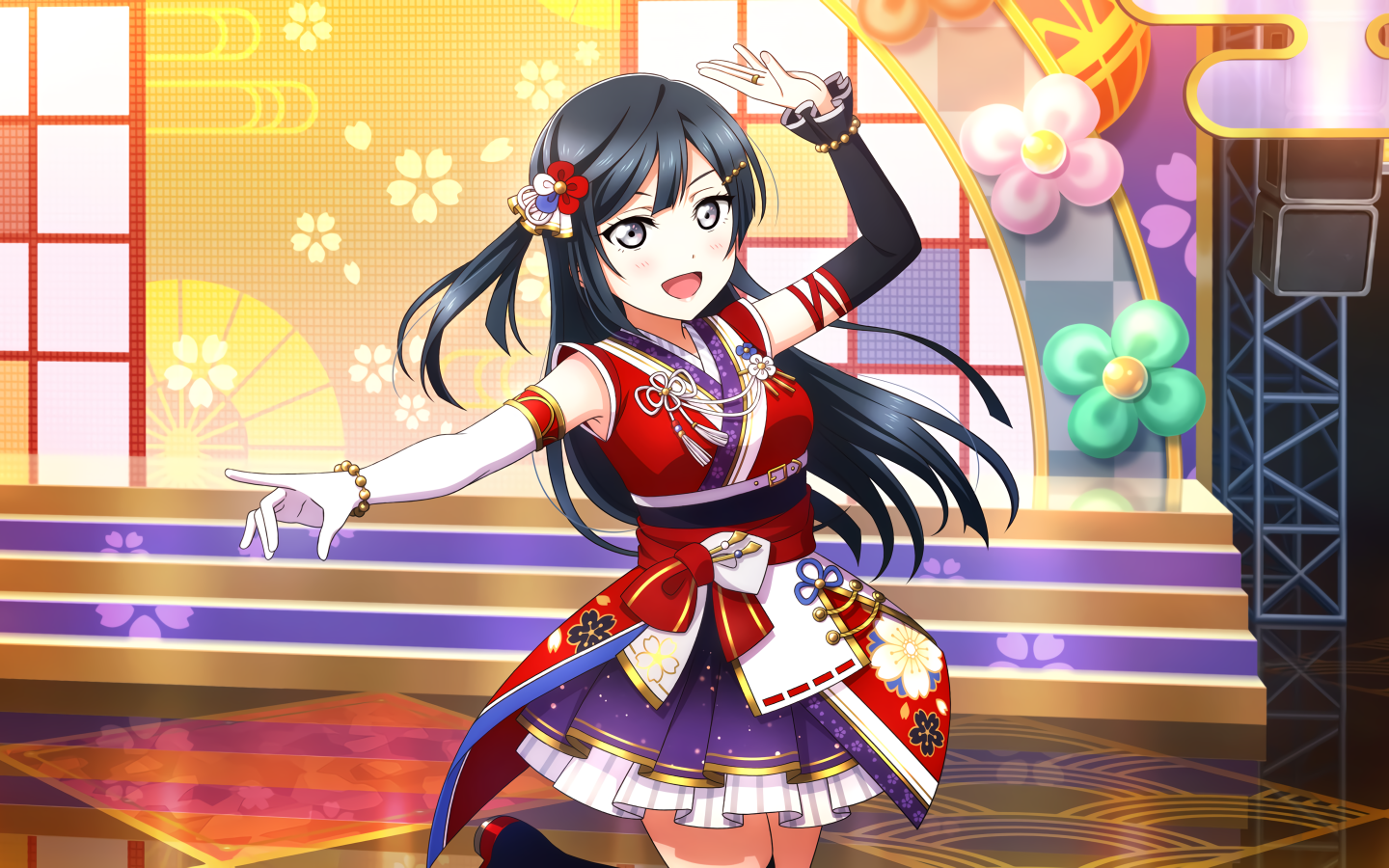 Девушка аниме в красивом платье в зале 