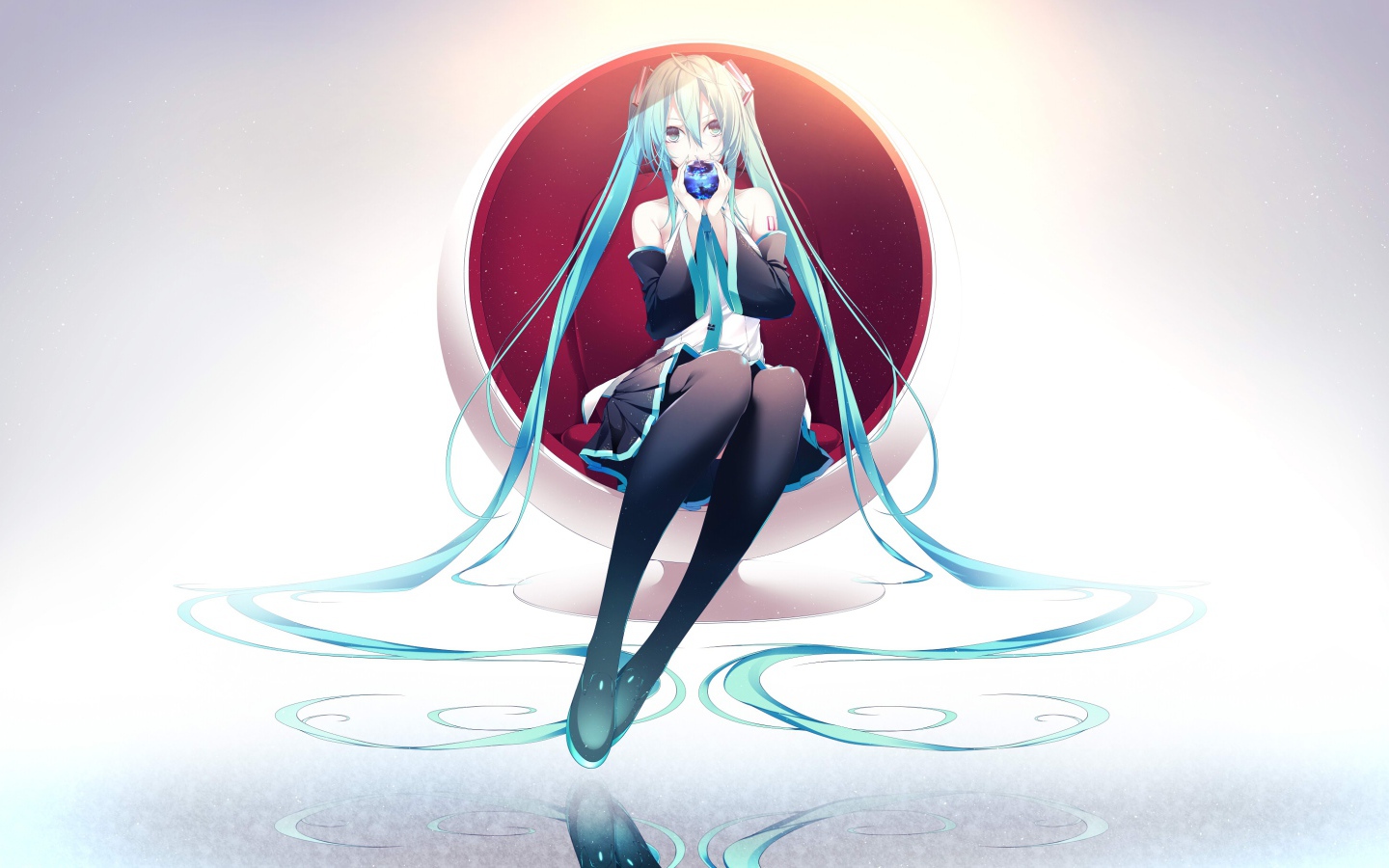 Девушка Мика Хацунэ в белом кресле аниме Вокалоид 