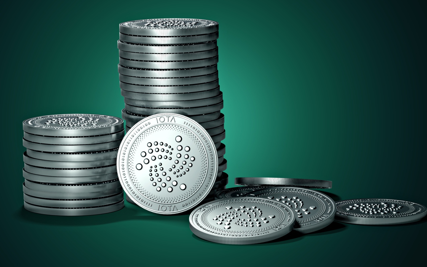 Монеты IOTA на зеленом фоне